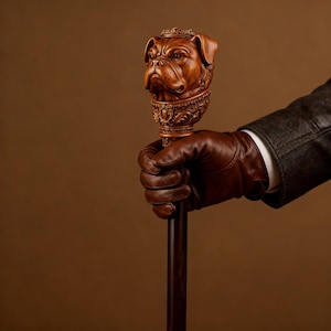 Puede incluir: Bastón de madera marrón oscuro con una cabeza de bulldog tallada y un collar ornamentado. El bastón es sostenido por una persona con un guante de cuero marrón. Acabado pulido.