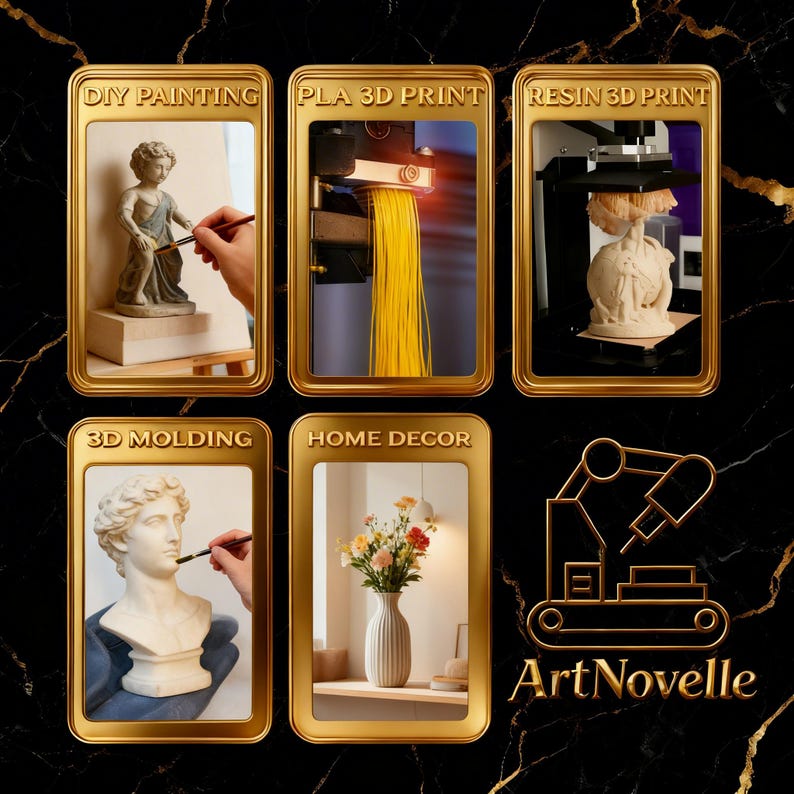 Puede incluir: Un collage de cinco im&aacute;genes con marco dorado que muestran m&eacute;todos de producci&oacute;n: pintura DIY de una estatua, impresi&oacute;n 3D PLA con filamento amarillo, impresi&oacute;n 3D en resina, modelado 3D de un busto y un florero con flores. El logo ArtNovelle est&aacute; abajo a la derecha.