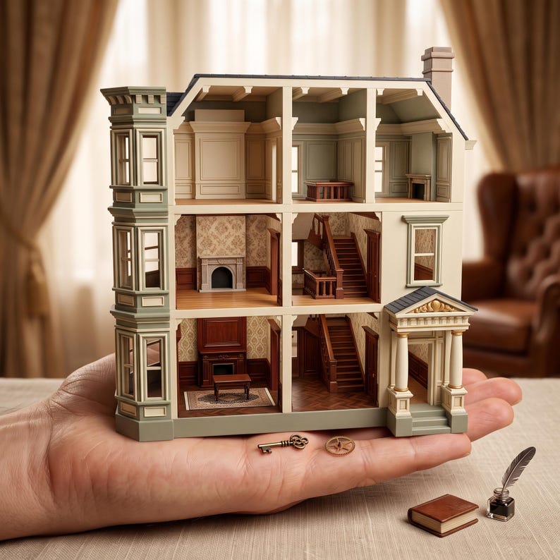 May include: A miniature three-story dollhouse with a cream and sage green exterior, featuring open rooms, interior staircases, fireplaces, and patterned wallpaper. A small metal key and a gear are placed on the palm beneath the structure.