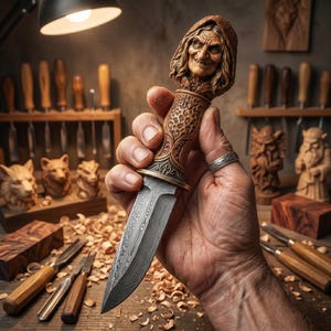 Può includere: Un coltello da intaglio dettagliato con un manico raffigurante il volto sorridente di una strega. La lama ha un design a motivi. Il coltello è tenuto in mano, con strumenti per intaglio del legno e sculture in legno sullo sfondo.