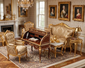 Könnte beinhalten: Ein Miniatur-Antikschreibtisch mit Roll-Top-Design, gefertigt aus dunklem Holz und mit goldenen Akzenten verziert. Der Schreibtisch steht in einem luxuriösen Raum mit passendem Stuhl, Sofa und opulentem Kronleuchter, was ein klassisches, elegantes Ambiente schafft.