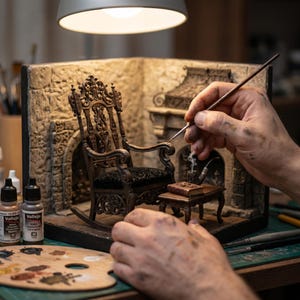Pode incluir: Diorama em miniatura de uma sala com uma cadeira de balanço, uma mesa pequena e uma lareira. A cadeira é marrom escuro com um assento de veludo preto. Uma pessoa está pintando a miniatura com um pincel. Frascos de tinta e uma paleta são visíveis.