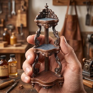 May include: A miniature, three-tiered wooden corner shelf with ornate, scroll-like detailing. The shelves have a dark blue surface. The shelf is held in a person's hand, with a workshop background.