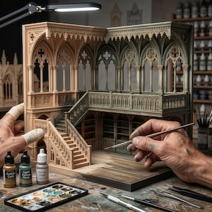 Puede incluir: Un modelo arquitect&oacute;nico g&oacute;tico en miniatura que presenta una estructura de dos pisos con ventanas arqueadas, columnas y una escalera. El modelo est&aacute; parcialmente pintado en tonos beige y verde, e incluye frascos de pintura etiquetados como Gothic Gold, Aged Patina Wash y Stone Dust.