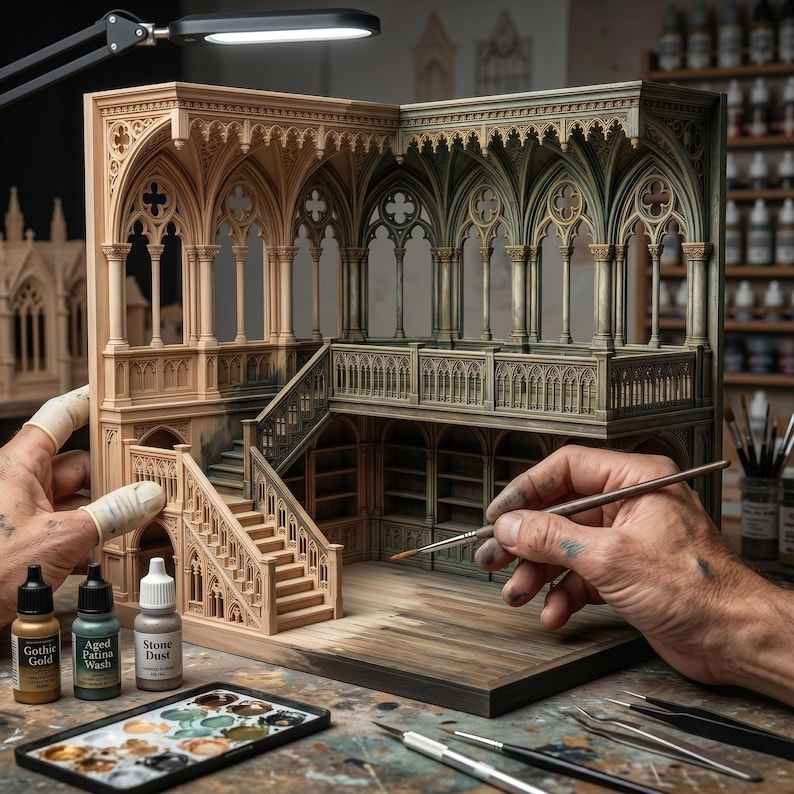 Puede incluir: Un modelo arquitect&oacute;nico g&oacute;tico en miniatura que presenta una estructura de dos pisos con ventanas arqueadas, columnas y una escalera. El modelo est&aacute; parcialmente pintado en tonos beige y verde, e incluye frascos de pintura etiquetados como Gothic Gold, Aged Patina Wash y Stone Dust.