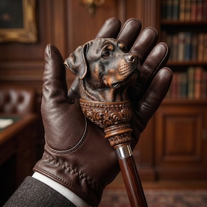 May include: A brown walking stick featuring a carved dog head handle. The dog's head is detailed with brown and black hues. The handle has intricate carvings. The cane is held by a person wearing a brown leather glove.
