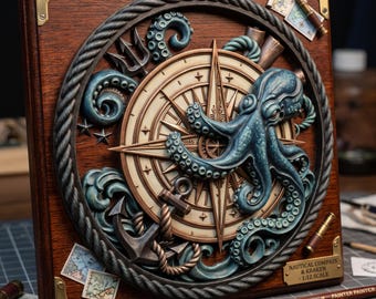 May include: A square wooden wall plaque featuring a central compass rose surrounded by a sculpted blue octopus, a trident, and an anchor. The design is framed by a rope border and includes brass corner accents, small maps, and a brass plate with text.
