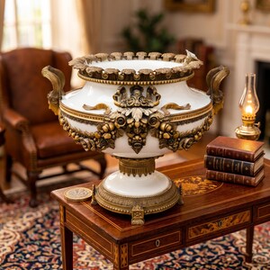 Puede incluir: Una gran urna decorativa blanca y dorada con intrincados detalles florales y figurativos. La urna presenta asas y adornos dorados, y se asienta sobre un pedestal decorativo. Se exhibe sobre una mesa de madera con libros y una lámpara.