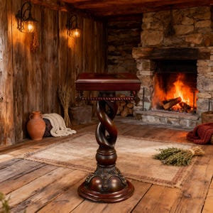 May include: A dark wood pedestal table with a twisted column and ornate base. The rectangular top has decorative trim. The table is in a rustic setting with a fireplace and wooden walls. The table is approximately 30 inches tall.