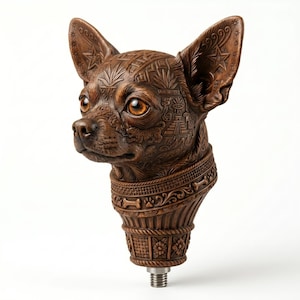 Puede incluir: Escultura de cabeza de perro marrón, tallada intrincadamente con patrones detallados y una base metálica roscada. Los ojos del perro son ámbar y la escultura presenta un collar con diseños de huesos y flores.