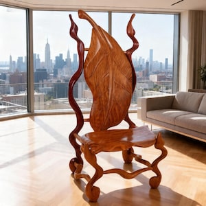 May include: A handcrafted wooden chair with a large leaf-shaped backrest. The chair features a natural wood grain finish and a unique, flowing design. The chair is placed in front of a large window with a city view.