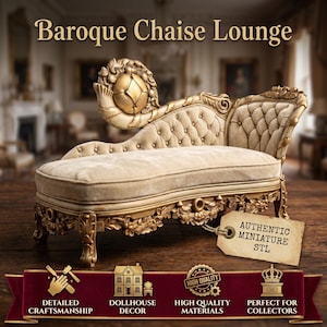 May include: A miniature chaise lounge with a beige tufted velvet seat and gold-toned ornate carved wooden frame. A tag attached to the base reads AUTHENTIC MINIATURE STL. The text Baroque Chaise Lounge appears at the top of the image.