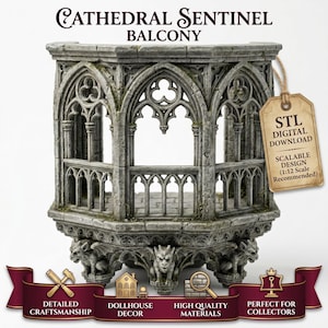 Puede incluir: Un balcón en miniatura con textura de piedra gris, arcos góticos y soportes de gárgolas. Una etiqueta colgante dice: CATHEDRAL SENTINEL BALCONY, STL DIGITAL DOWNLOAD, SCALABLE DESIGN (1:12 SCALE RECOMMENDED). La estructura tiene un acabado desgastado.