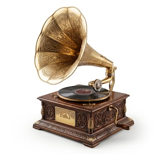 May include: An antique gramophone with a large, ornate brass horn and a dark wooden base. The horn features intricate engraved patterns, and a black record sits on the turntable. The gramophone has a crank handle and a small brass plate.