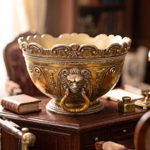 May include: Ornate gold-colored bowl with a detailed lion's head design and a ring handle. The bowl has a scalloped rim and is likely made of brass or a similar metal. The bowl is sitting on a dark wooden surface.