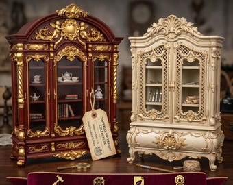 Imperial Baroque Display Cabinet Duo 2pc STL Bundle — High-Detail Miniature Royal Furniture — Ornate Latticed Armoire & Cherub Vitrine