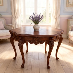 May include: A dark brown, antique-style coffee table with ornate carvings on the legs and apron. The table has a curved, scalloped edge and a small drawer. A vase of lavender flowers sits on top. The table is approximately 48 inches long.