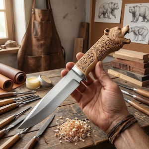 May include: A handcrafted knife with a wooden handle carved with a bear head design. The blade is silver with a patterned design. The knife is held over a wooden work surface with wood shavings and carving tools.