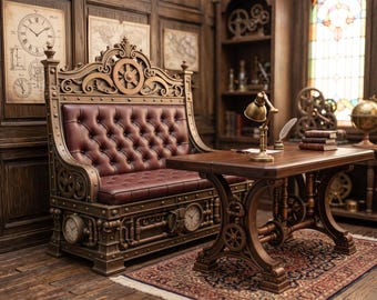 Puede incluir: Un banco de respaldo alto con tapicería de cuero rojo oscuro capitoné, con ornamentos de metal en tono bronce, esferas de reloj integradas y motivos de engranajes. Junto a él, un escritorio de madera a juego con lámpara de latón.