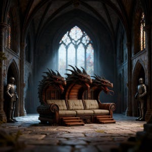 May include: A unique, ornate sofa with three dragon heads forming the backrest. The sofa has a wooden frame, a light brown cushion, and is set in a gothic-style room with stained glass windows and two suits of armor.