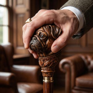 以下が含まれることがあります： 茶色の木製ステッキ。持ち手は彫刻されたパグ犬の頭。金の指輪をした手が持ち手を握っています。ステッキには金の帯と装飾的な彫刻が施されています。