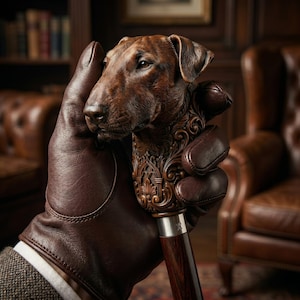 Op de afbeelding: Bruine wandelstok met een handvat in de vorm van een hondenhoofd. Het handvat is ingewikkeld gesneden met gedetailleerde patronen. De stok wordt vastgehouden door een persoon met een bruine leren handschoen. De stok heeft een zilveren band en een donkere houten schacht.
