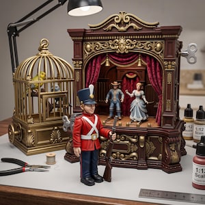 Könnte beinhalten: Eine Miniatur-Theater-Spieluhr mit dunklem Holzrahmen, roten Vorhängen und zwei Figuren auf der Bühne. Daneben stehen eine Soldatenfigur mit Gewehr und ein goldener Vogelkäfig mit zwei Vögeln. Werkzeuge, Garn und Farbdosen liegen bereit.