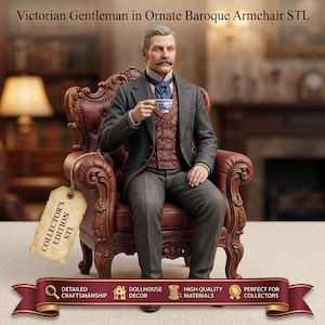 Puede incluir: Una figura de un caballero victoriano con bigote, vestido con traje gris y chaleco estampado, sentado en un sillón ornamentado de color rojo oscuro mientras sostiene una pequeña taza de té azul y blanca. Una etiqueta dice COLLECTOR'S EDITION STL.