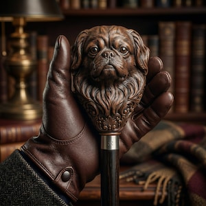 Könnte beinhalten: Brauner Holzspazierstock mit einem Griff in Form eines geschnitzten Hundekopfes. Der Griff wird von einer Person mit einem braunen Lederhandschuh gehalten. Der Stock hat einen dunklen Holzschaft und einen silbernen Kragen mit dem Buchstaben "R".