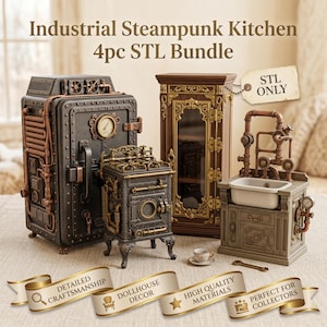 May include: A 4-piece digital file bundle titled Industrial Steampunk Kitchen 4pc STL Bundle, featuring miniature models of a refrigerator, stove, cabinet, and sink with copper-toned pipes, gears, and metallic detailing, including an STL ONLY tag.