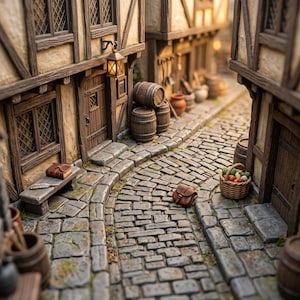 Könnte beinhalten: Ein Miniatur-Diorama einer gepflasterten Straße mit Fachwerkhäusern. Zu sehen sind Holzfässer, eine kleine braune Umhängetasche, ein gefüllter Weidenkorb, eine Steinbank mit Buch und Federkiel sowie eine leuchtende Wandlaterne an einem Gebäude.