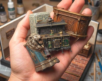 4-Piece Steampunk Kitchen Bar STL Set • 1:12 Scale Ornate Oven, Fridge, Bar Counter & Lion Coffee Maker • Dollhouse 3D Print File