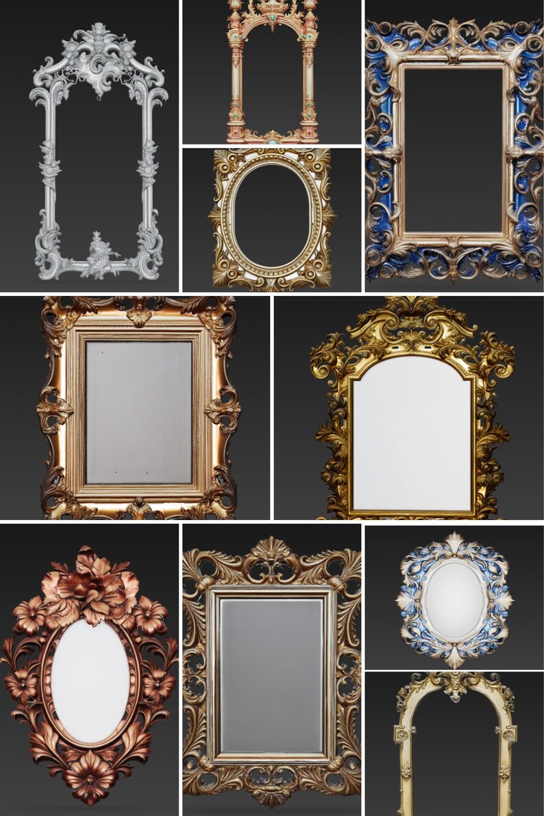 Baroque Frame STL, Picture Frame Bundle, 10 Frame Pack, CNC Wood Carving, Rococo Mirror File, Ornate Wall Decor, Artcam Aspire Model, Regency Core Decor, Vintage Frame 3D, High Poly STL, Neoclassical Art, Large Mirror STL, Gallery Wall Design