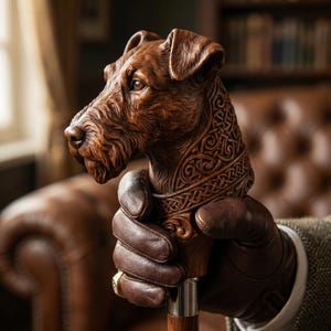 May include: A brown wooden walking cane with a carved dog head handle. The dog's head is intricately detailed, with a textured coat and focused expression. The handle features Celtic knotwork. The cane is held by a person wearing a brown leather glove.