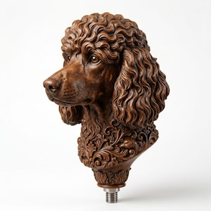 May include: A brown, intricately carved sculpture of a poodle's head. The dog's fur is detailed with curls, and the bust features ornate floral and bird carvings. The sculpture has a metal threaded base.