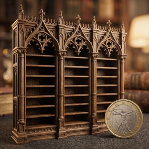 Peut inclure: Une étagère miniature en bois brun présentant des détails architecturaux gothiques complexes, notamment des arcs en ogive et des pinacles décoratifs. Une pièce d'un euro est placée à côté pour donner une échelle précise de l'objet.