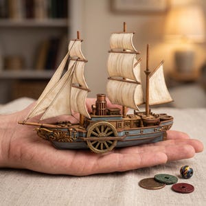 May include: A miniature paddle steamer ship model featuring a blue hull, copper-colored accents, and off-white fabric sails. The vessel includes a central paddle wheel, a smokestack, and intricate decorative carvings on the bow and sides.