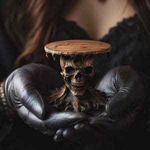 May include: A wooden skull-shaped decorative stand with a round top. The skull is intricately carved with detailed features and supported by a detailed base. The stand is held in black leather gloves.