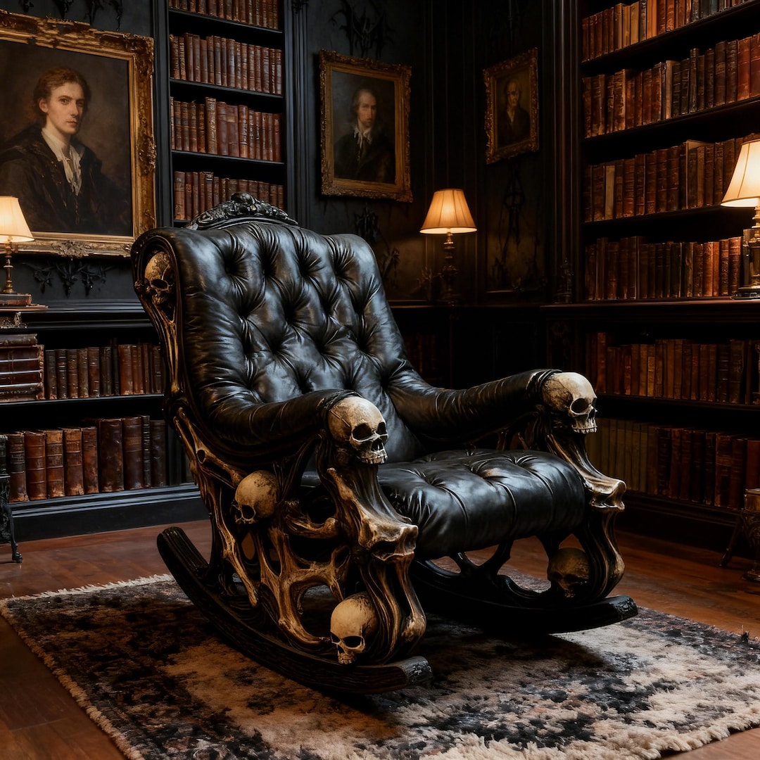 Macabre Skull Rocking Chair – Gothic Bone Furniture, Tufted Leather ...