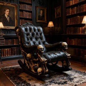 Könnte beinhalten: Schwarzer Lederschaukelstuhl mit Totenkopf-Akzenten. Der Stuhl hat eine gesteppte Rückenlehne und Sitzfläche, mit Totenköpfen an den Armlehnen und am Rahmen. Er steht in einer dunklen Bibliothek mit Bücherregalen und Porträts.