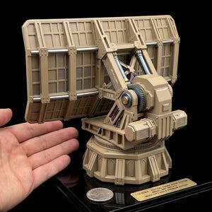 May include: A tan 1:12 scale tactical radar array model featuring a rectangular grid panel, mechanical support struts, and a rotating base. A gold-colored plaque on the base reads 1:12 SCALE TACTICAL RADAR ARRAY SYSTEM MODEL MHT-AN1-01A MODELER'S GUILD PREMIUM EDITION.