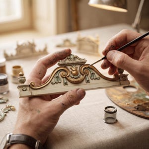 May include: A decorative architectural pediment featuring an off-white base with intricate gold and sage green painted scrollwork, a central floral motif, and a small sculpted face at the top, held while being detailed with a fine-tipped paintbrush.