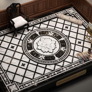 May include: A 1:12 scale miniature designer marble floor featuring a black and white geometric grid pattern with a central floral medallion. The display includes a black chair, a rolled rug, an easel with a painting, and tools, with a plaque reading DESIGNER MARBLE FLOOR - 1:12 SCALE.