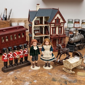 May include: A collection of miniature items including a multi-storey dollhouse, a red train carriage, a black steam locomotive, five toy soldiers, two child dolls, a rocking horse, a cradle, and a rag doll, with a ruler showing 15 cm.