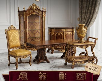 Puede incluir: Un conjunto de muebles en miniatura etiquetado como BAROQUE BUNDLE SET que incluye una vitrina alta, una mesa, una silla con tapizado dorado, un aparador y un carrito de servicio con un jarrón dorado. Una etiqueta en el carrito dice 6 PIECES IN 1 SET!