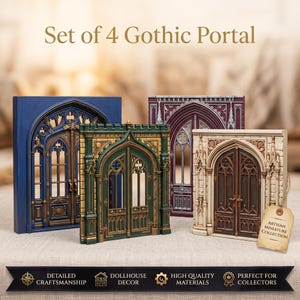 Pode incluir: Um conjunto de 4 portais em miniatura góticos com detalhes arquitetónicos complexos. Os portais são azuis, verdes, vermelho-escuros e creme com portas castanhas. Uma etiqueta bege presa ao portal creme diz Artisan Miniature Collection.