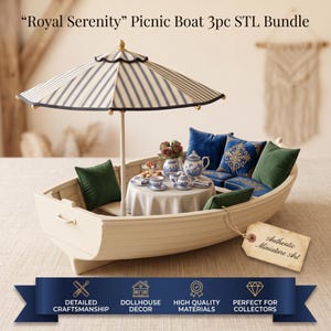 Puede incluir: Un modelo de barco en miniatura titulado Royal Serenity Picnic Boat 3pc STL Bundle, que incluye una sombrilla a rayas, una mesa redonda con juego de té y cojines azules y verdes. Una etiqueta adjunta en el lateral dice Authentic Miniature Art.