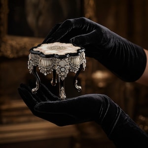 May include: A small, ornate table with a black and white top, embellished with sparkling gemstones and intricate details. The table has curved legs and is held by gloved hands, showcasing its luxurious design. The table is a decorative item.