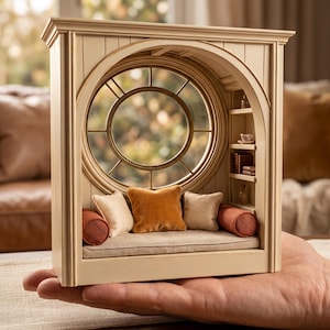 Könnte beinhalten: Eine Miniatur-Fensternische aus Holz mit kreisförmigem Rahmen, beiger Polsterbank, zwei cremefarbenen quadratischen Kissen, einem orangefarbenen quadratischen Kissen und zwei rostfarbenen zylindrischen Nackenrollen. Integrierte Regale enthalten kleine Bücher und eine Tasse.