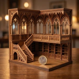 Puede incluir: Un modelo en miniatura de madera de una biblioteca de dos pisos con intrincados arcos g&oacute;ticos, columnas, una escalera y estanter&iacute;as integradas. Una moneda de un euro est&aacute; colocada en el suelo para mostrar la escala de la estructura detallada.